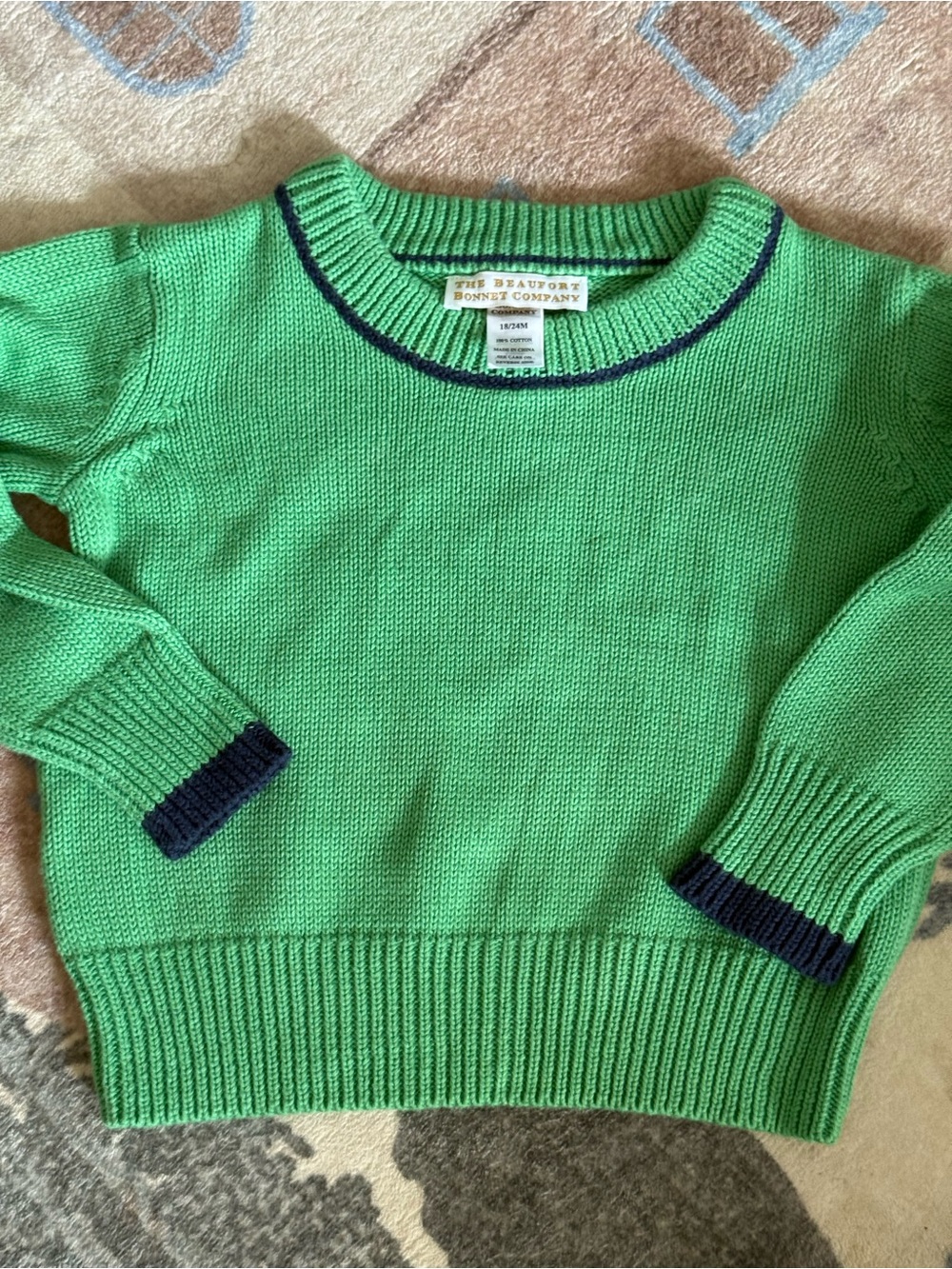 The Beaufort Bonnet Company Green Crewneck Sweater with Navy Trim